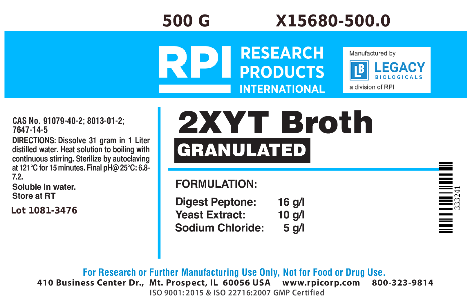 2XYT Broth, Granulated, 500 Grams